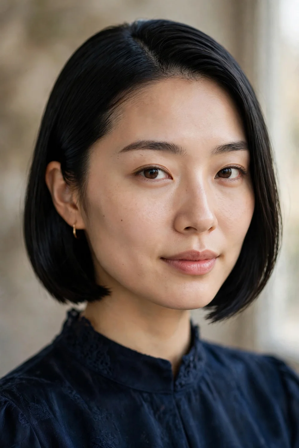 Woman with short hair wearing two small high space buns with the bottom half of her hair left down