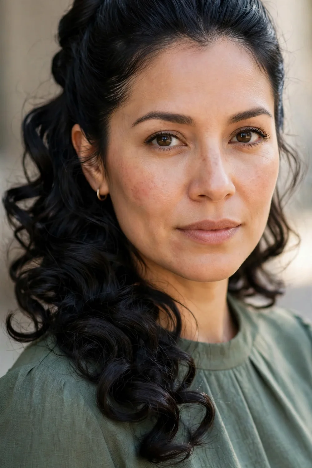 Woman with short hair wearing a sleek smooth half-up top with big voluminous curls below