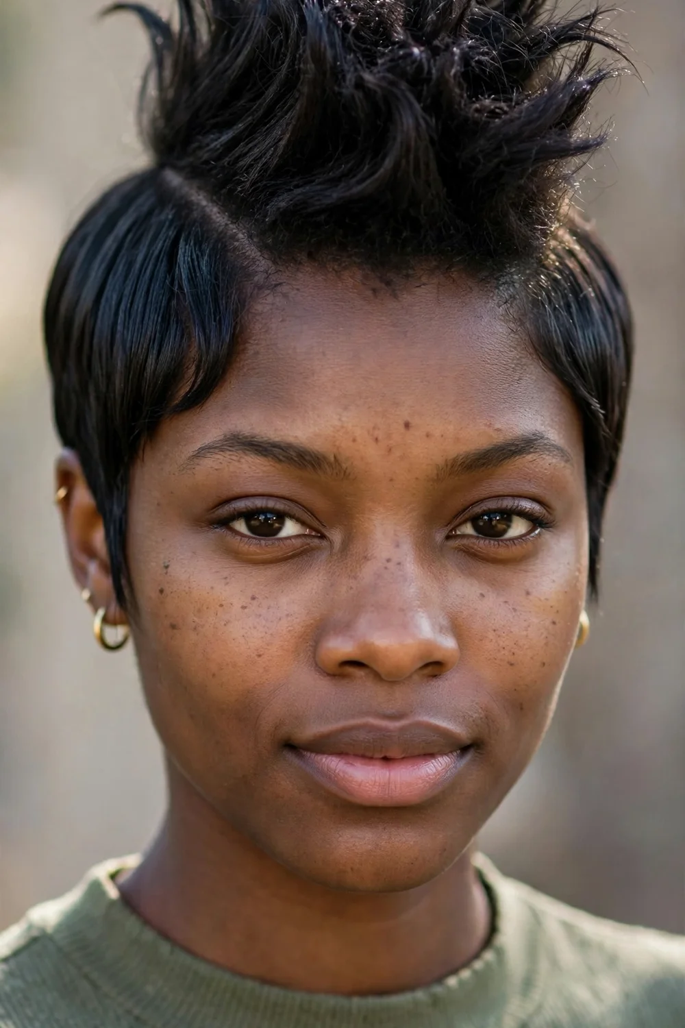 Woman with a pixie cut styled into an edgy faux hawk with a lifted textured center strip and sleek sides