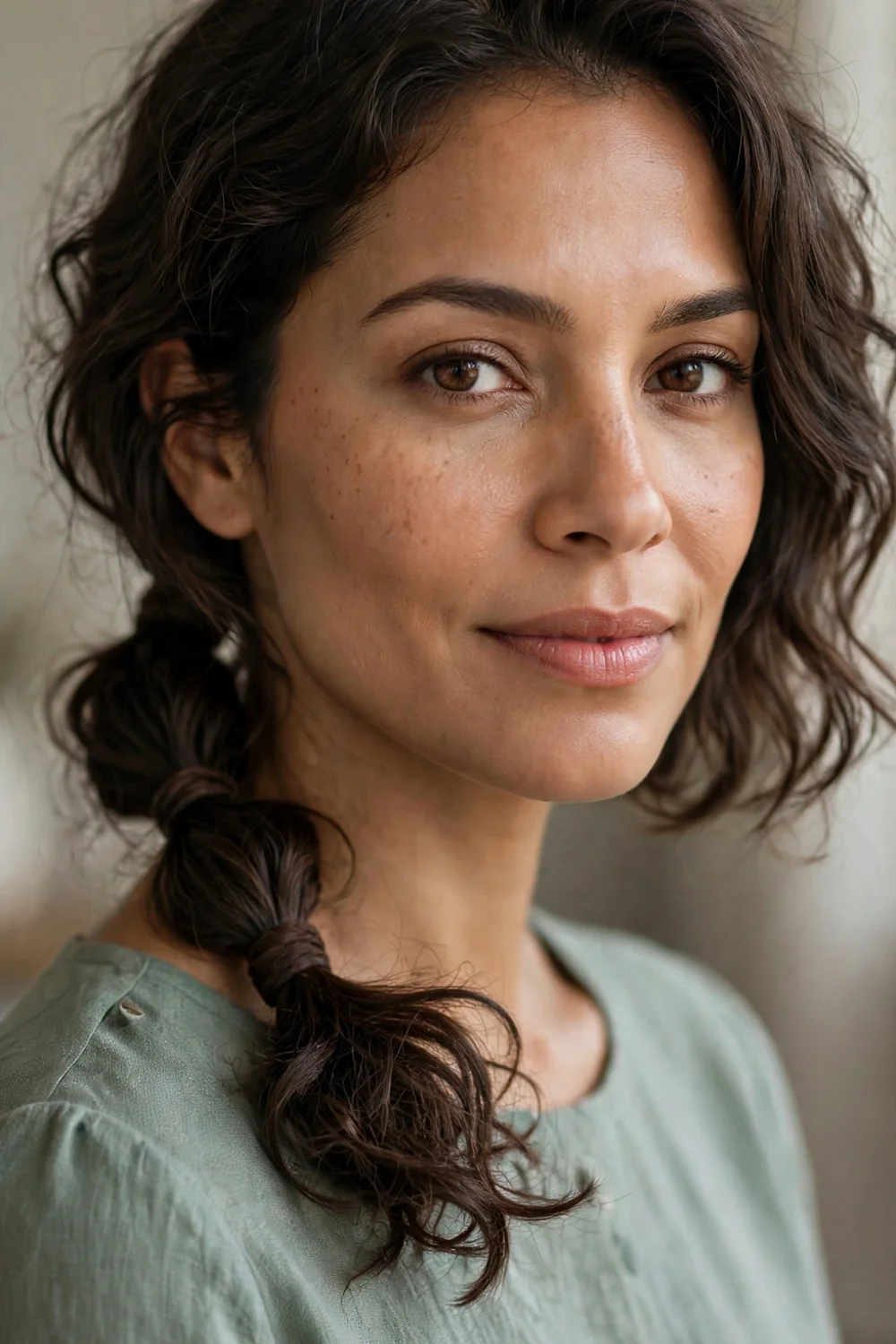 Woman with short hair wearing a low ponytail with messy curls and two loose knots, elastic wrapped with hair