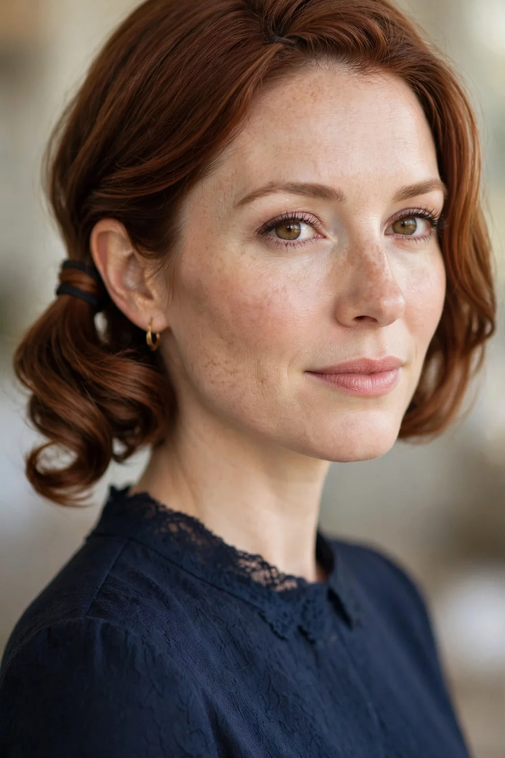 Woman with short hair swept into a low curled side ponytail behind one ear, with a strand wrapped around the elastic