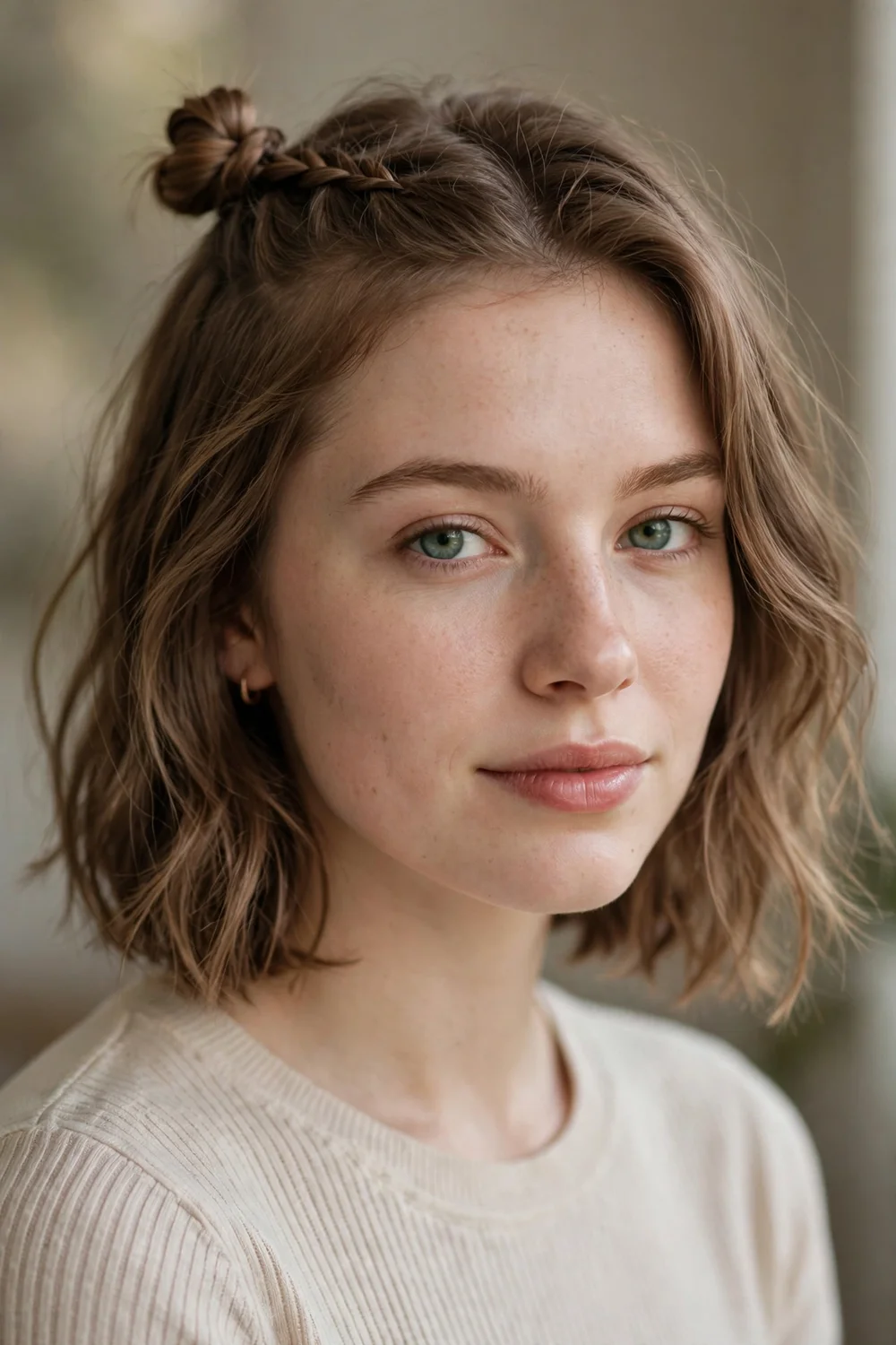 Woman with short hair wearing a small temple braid folded into a mini top bun with the rest of her hair loose