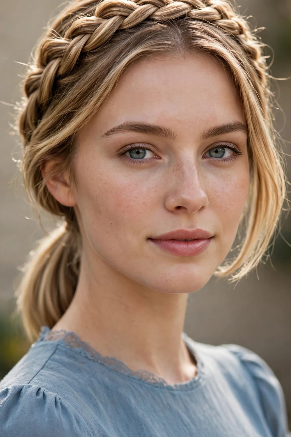 Woman with short hair wearing a loose crown braid across the top, gathered into a sleek low ponytail
