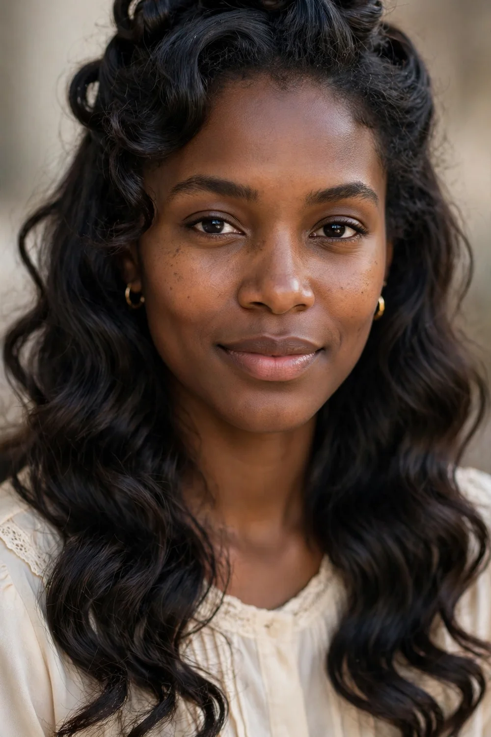 Woman with short hair wearing a loose half-up French twist on top with voluminous glamorous waves below