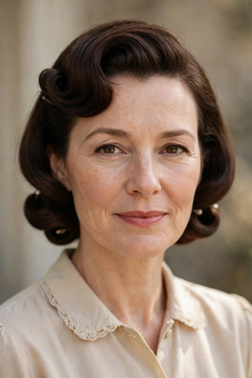 Woman with a vintage-style inverted rollup, the ends of her bob rolled upward and pinned at the nape