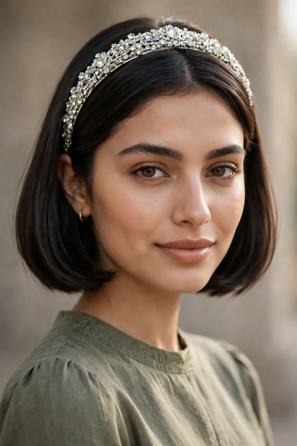 Woman with a smooth short bob wearing a wide jeweled crystal headband behind the hairline