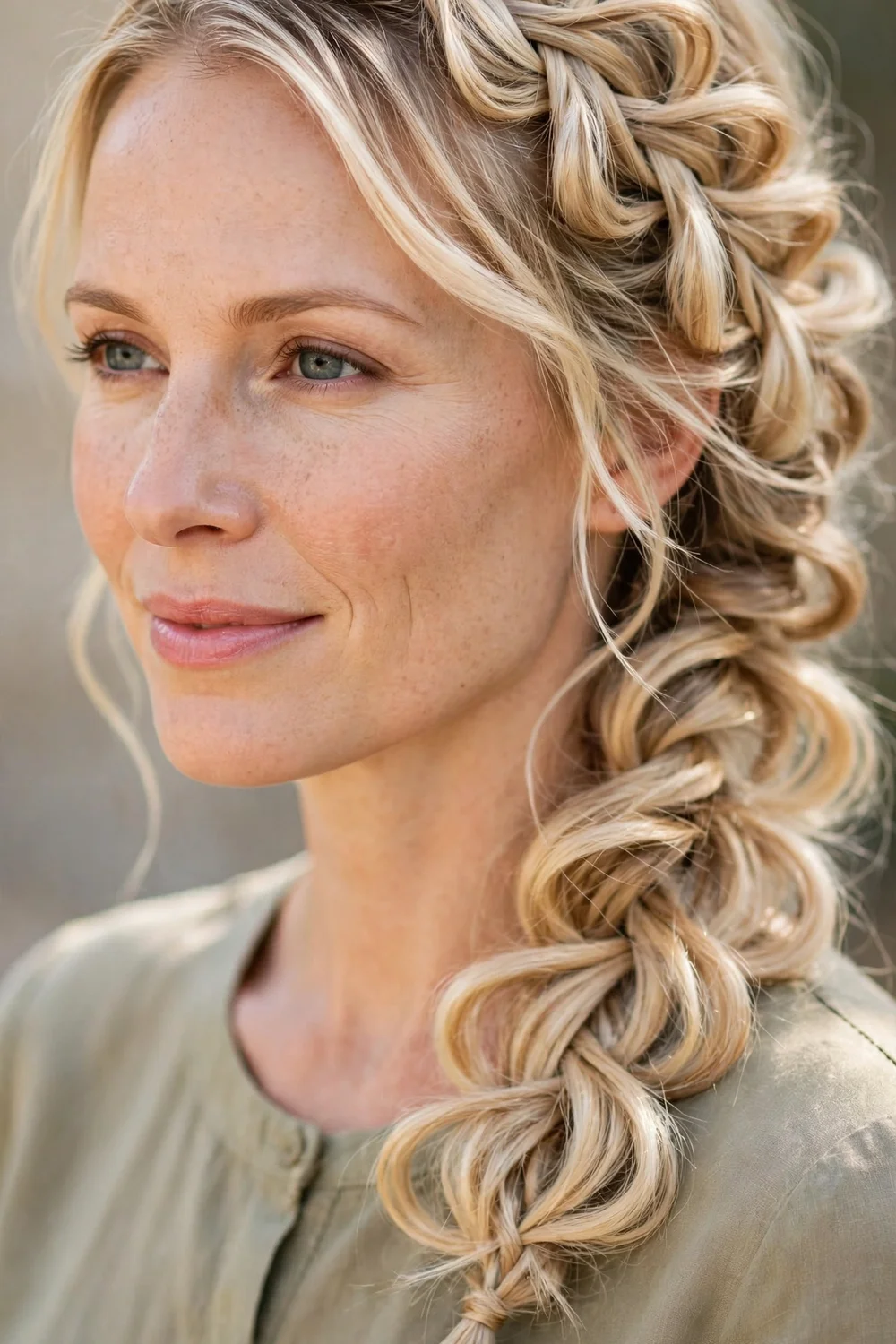 Woman with short fine hair wearing a pulled-apart loopy side braid with big soft loops