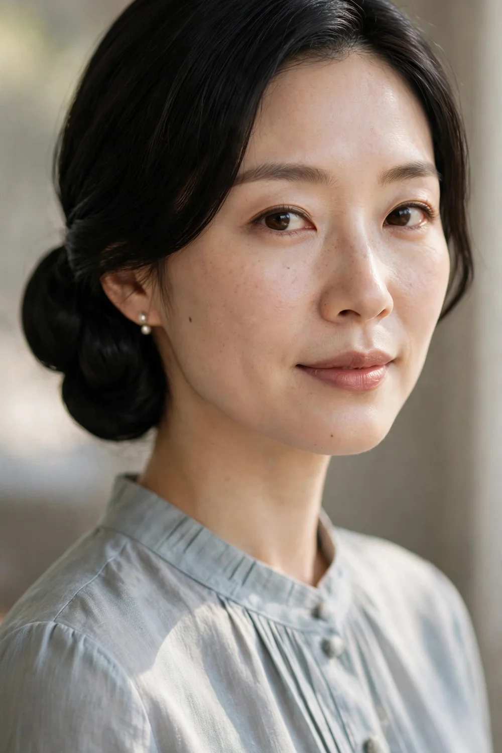 Woman with chin-length dark hair styled in a smooth low chignon bun at the nape of the neck