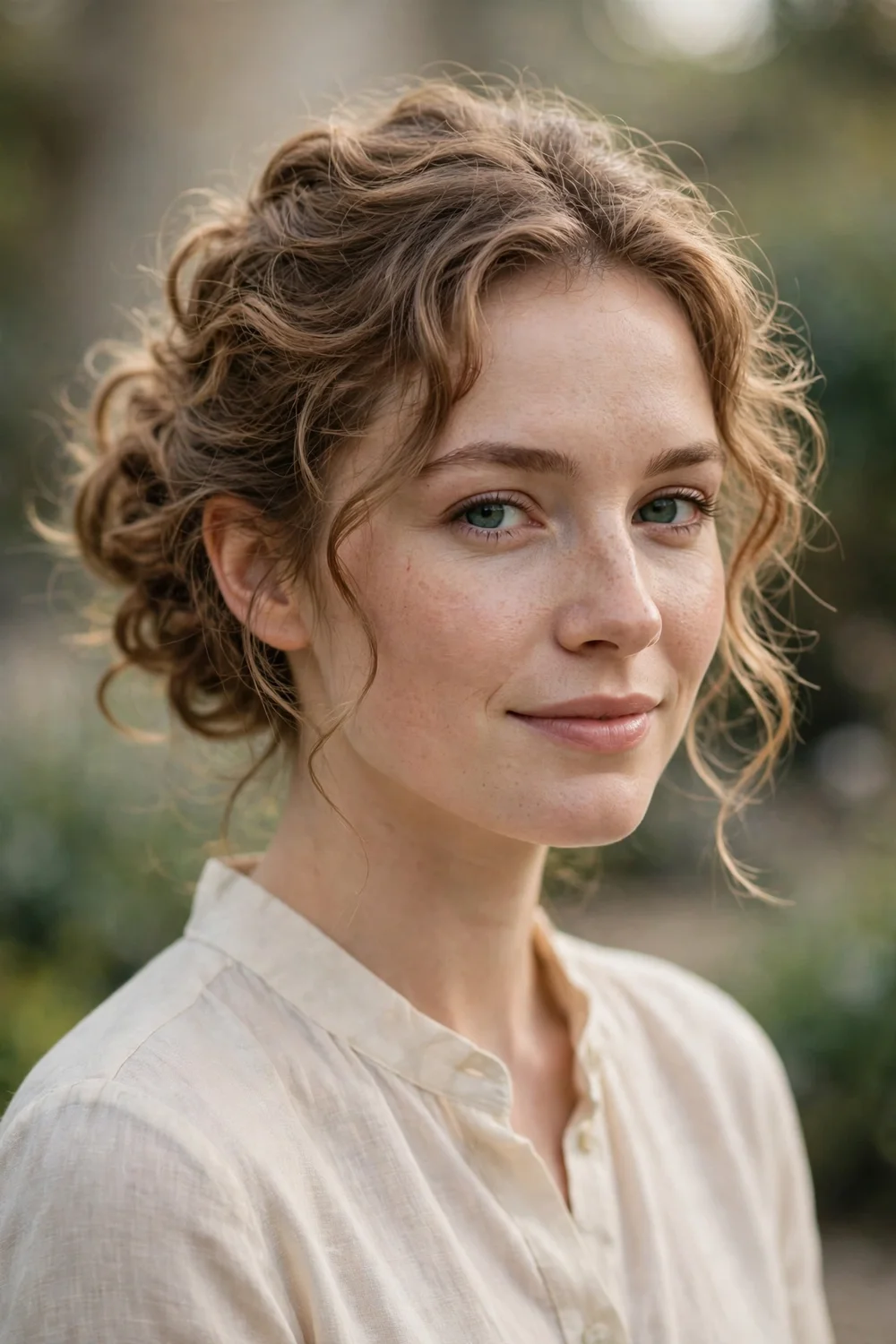 Woman with loosely curled hair gathered into a relaxed messy chignon bun with soft strands around the face