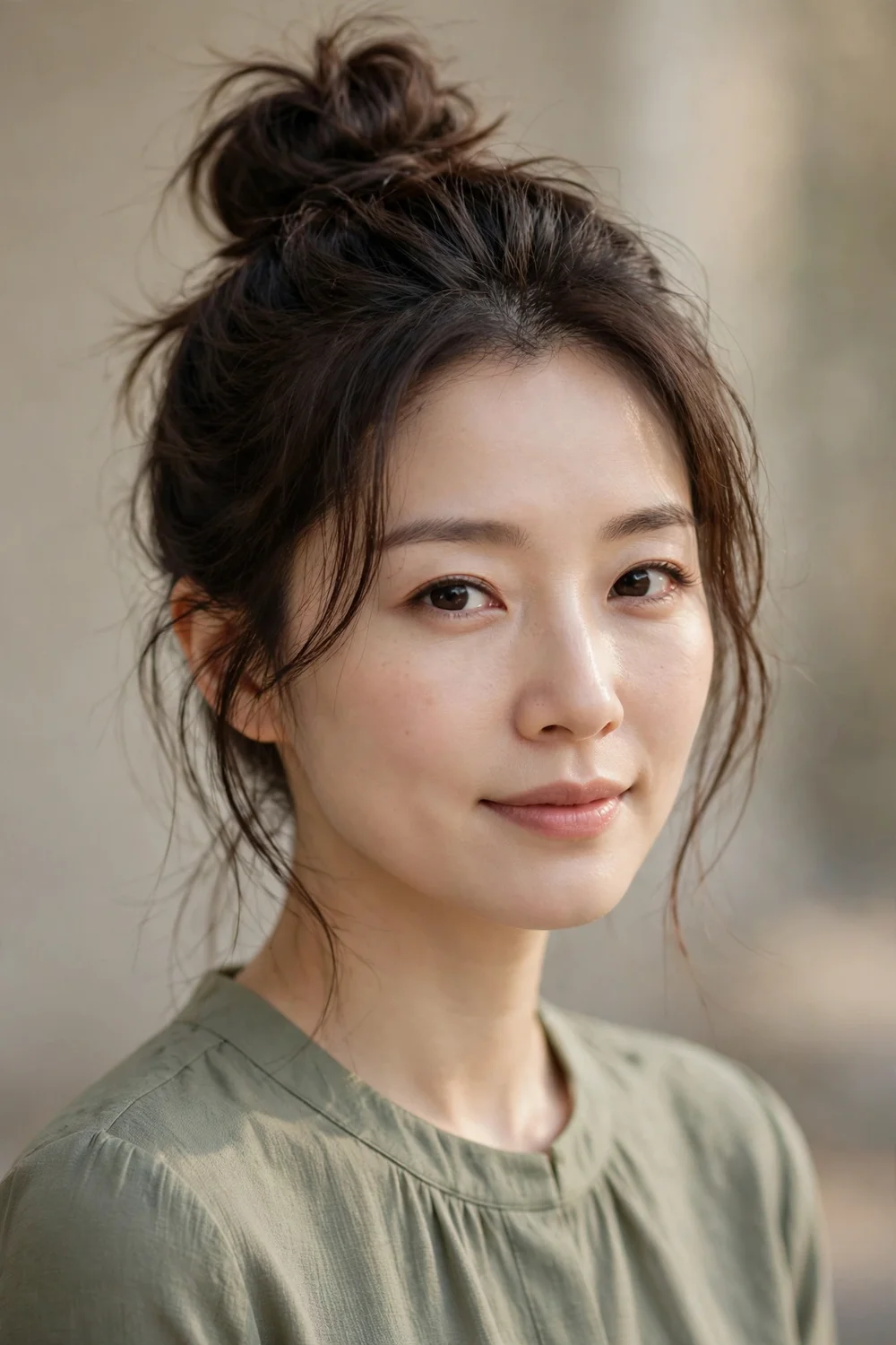 Woman with short hair pulled into a high messy top knot with loose strands framing her face