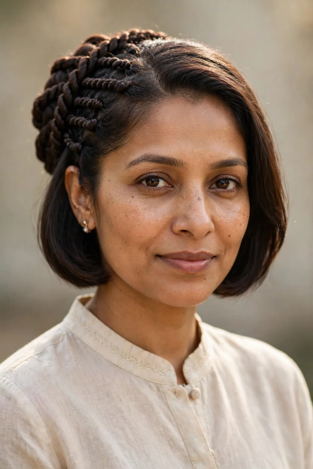 Woman with short hair in a small bun at the back decorated with crystal and pearl hair clips