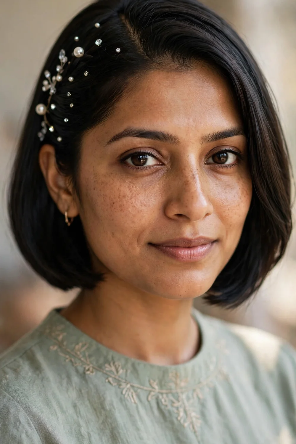 Woman with a sleek short bob decorated with small pearls and crystals scattered along the side part