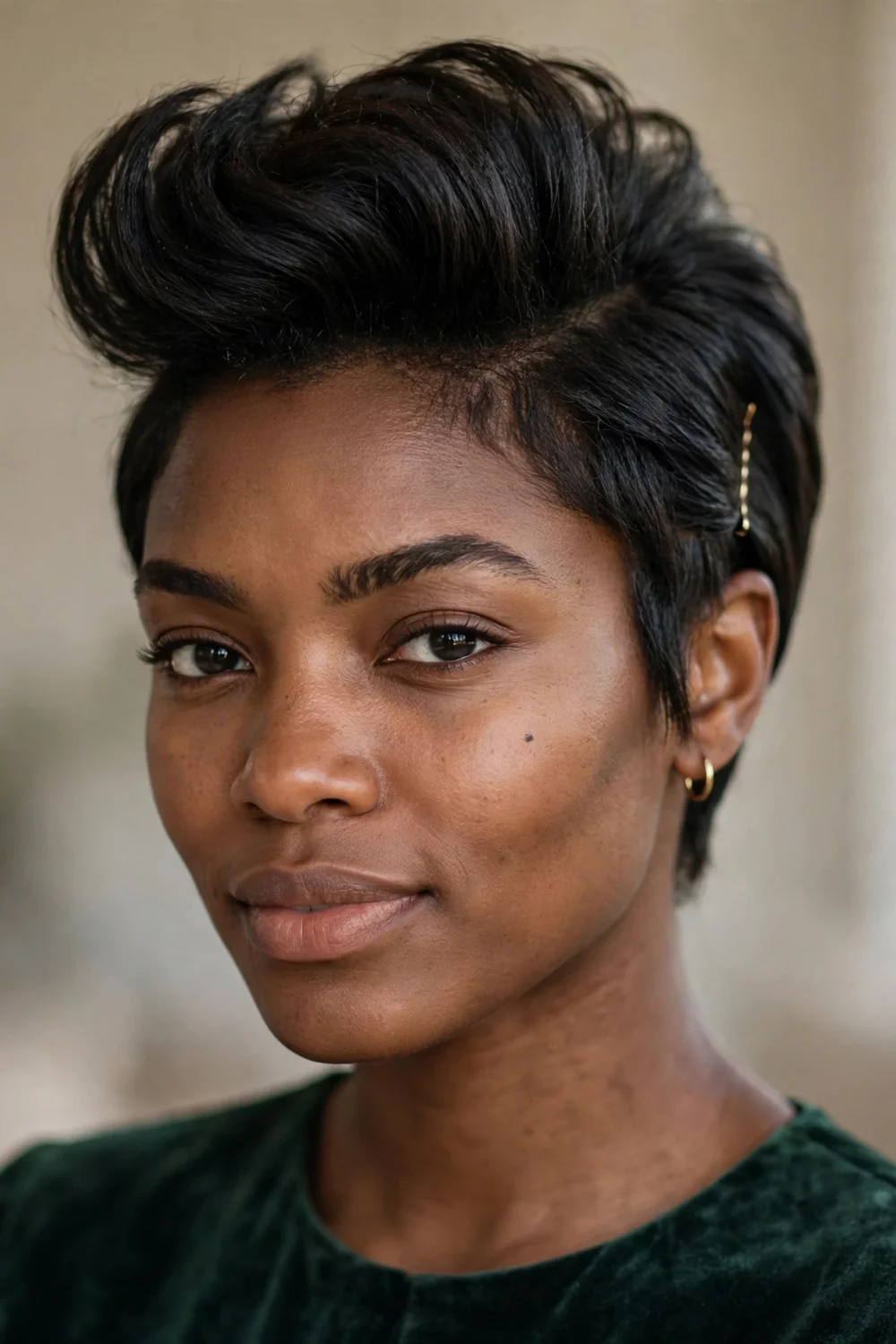 Woman with a pixie cut styled into a voluminous pompadour with height at the crown and sleek pinned sides