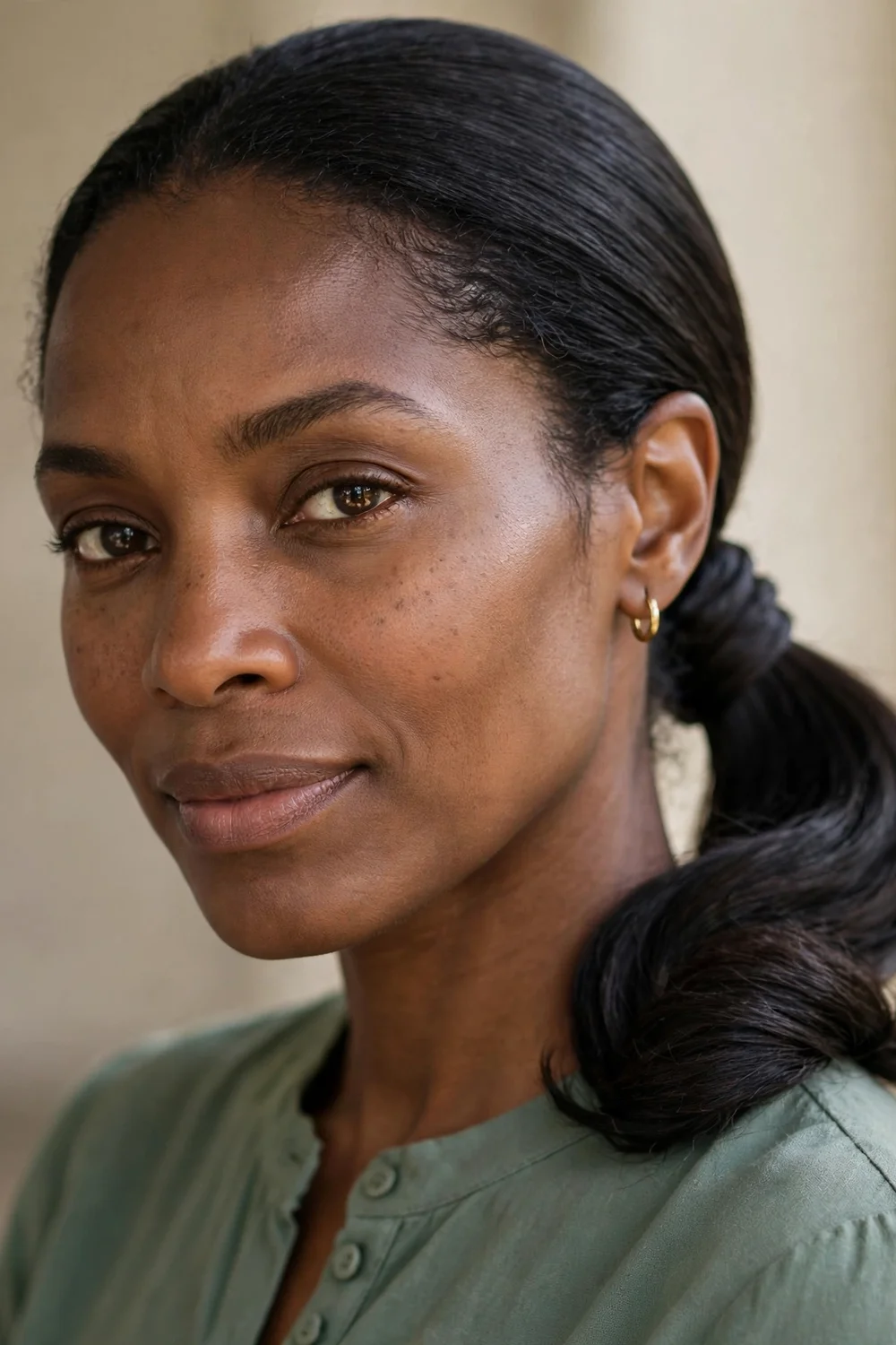 Woman with short hair in a sleek low ponytail at the nape with the elastic wrapped in a strand of hair