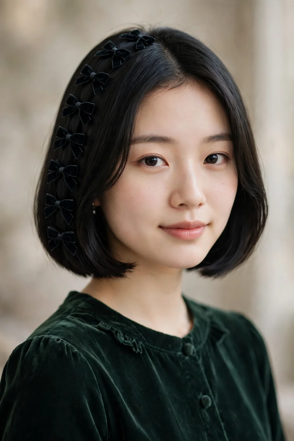 Woman with short smooth hair wearing a vertical row of small velvet bows down the back of her head