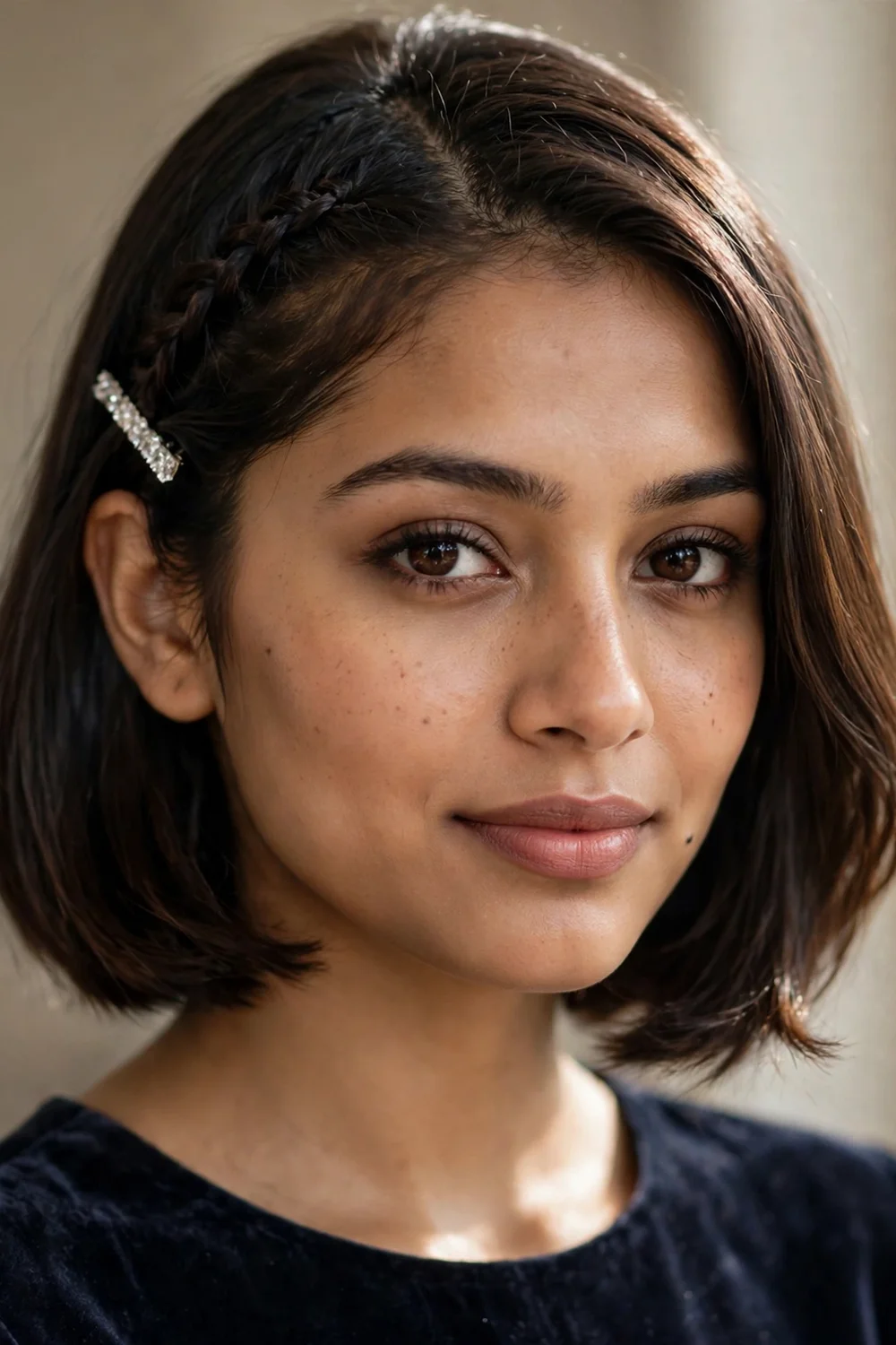 Woman with a short bob wearing a thin side braid along the hairline, pinned behind the ear with a crystal barrette