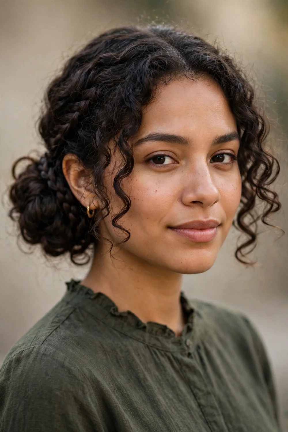 Woman with short curled hair swept into a low side bun with a thin accent braid wrapped around its base