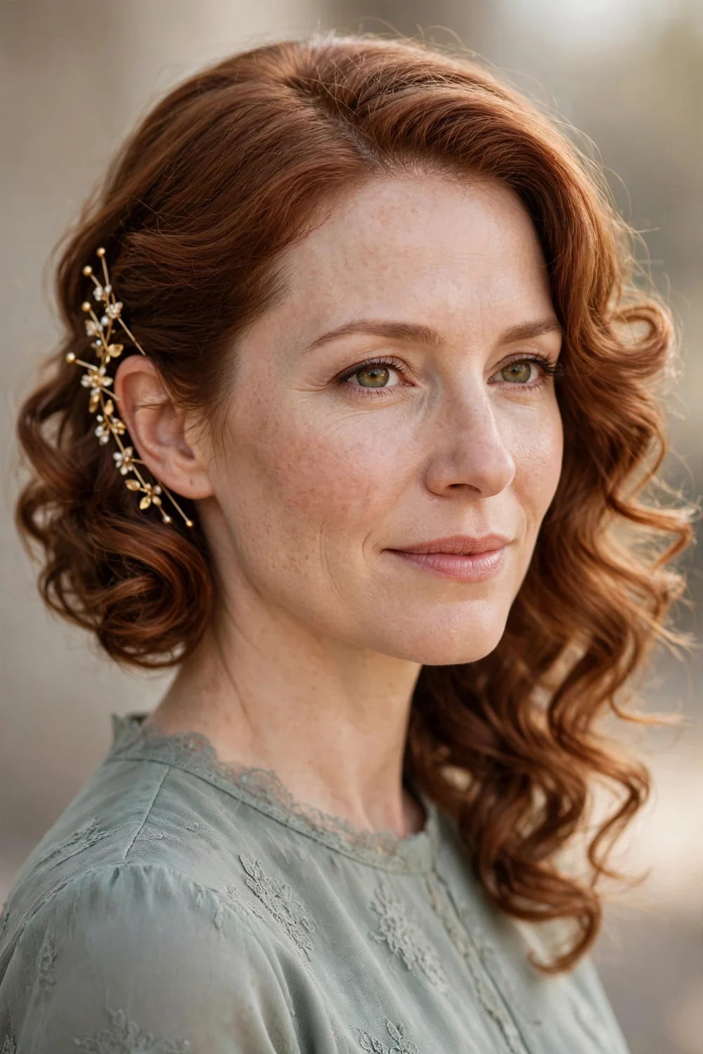 Woman with short curled hair swept to one side and pinned in a cascading line behind the opposite ear