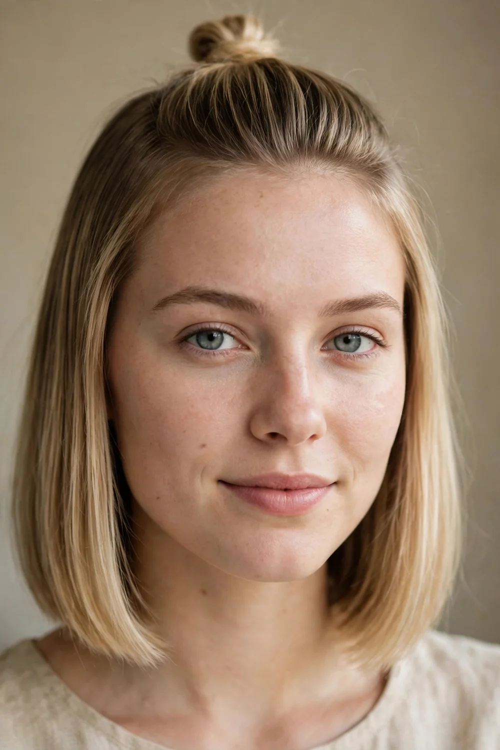 Woman with short sleek hair wearing a tiny neat knot at the crown with the rest of her hair straight