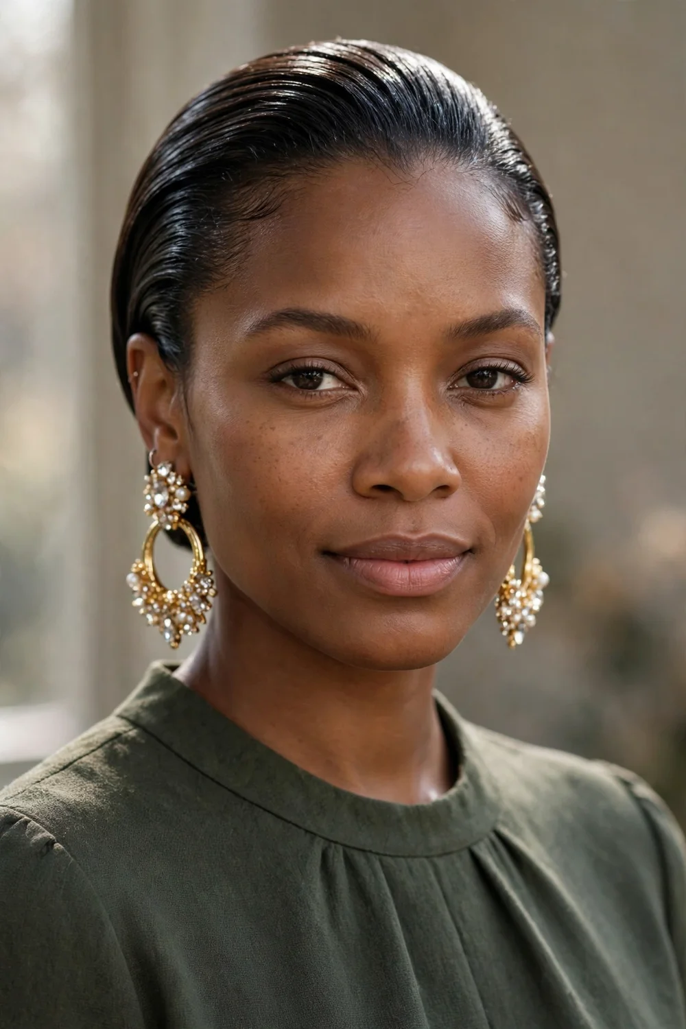 Woman with short hair slicked straight back from the forehead with a glossy finish, showing statement earrings