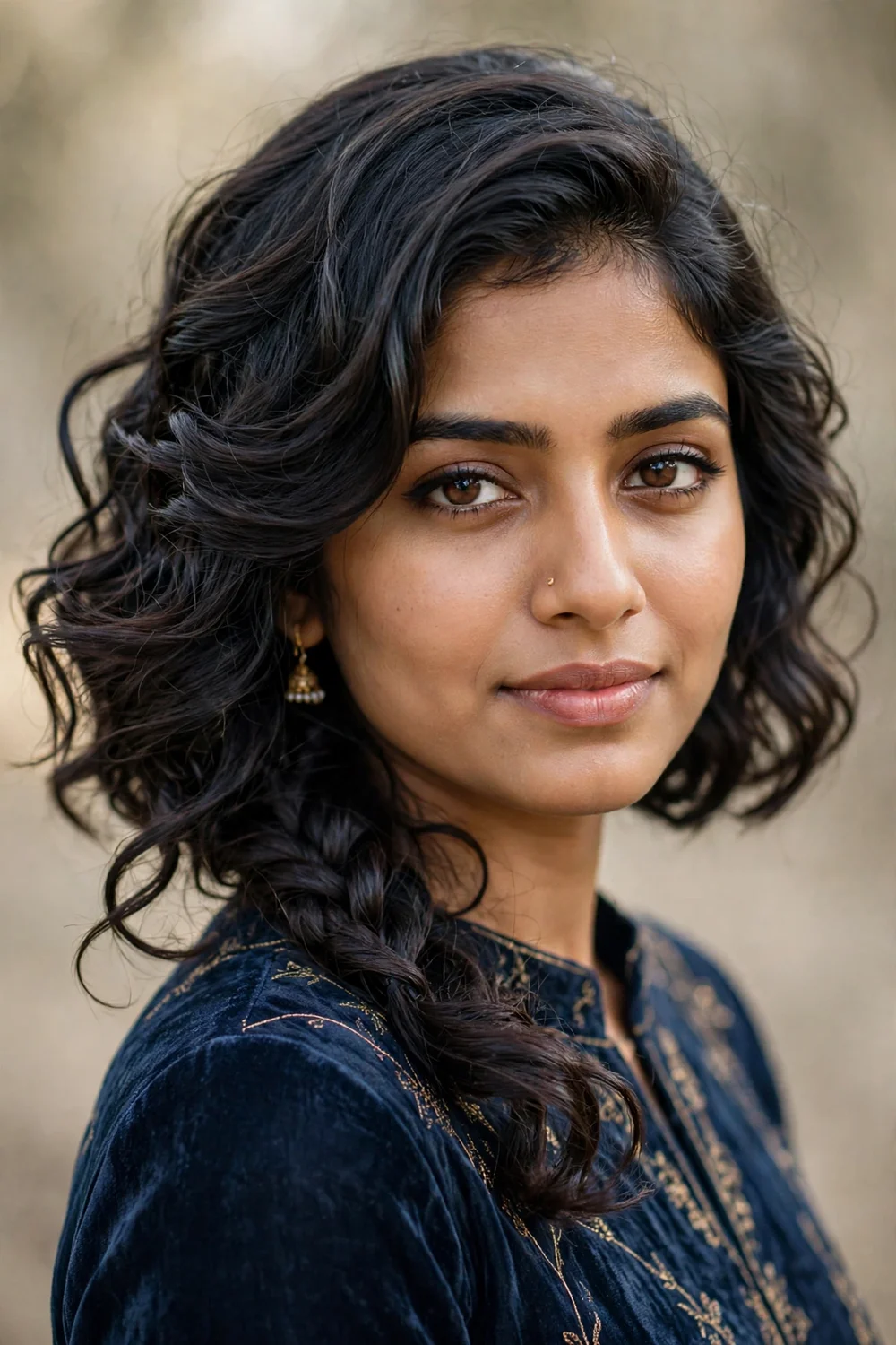 Woman with short hair swept to one side in curls with a loose side braid melting into the curls