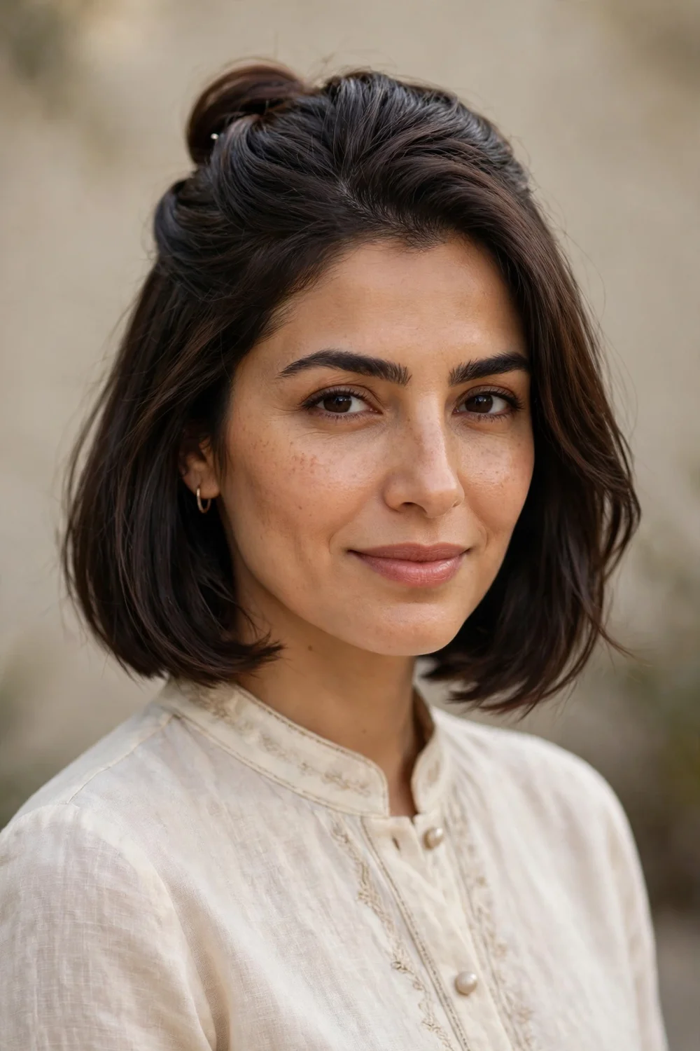 Woman with short hair wearing a tucked crown half-up style with a small volume bump pinned at the crown