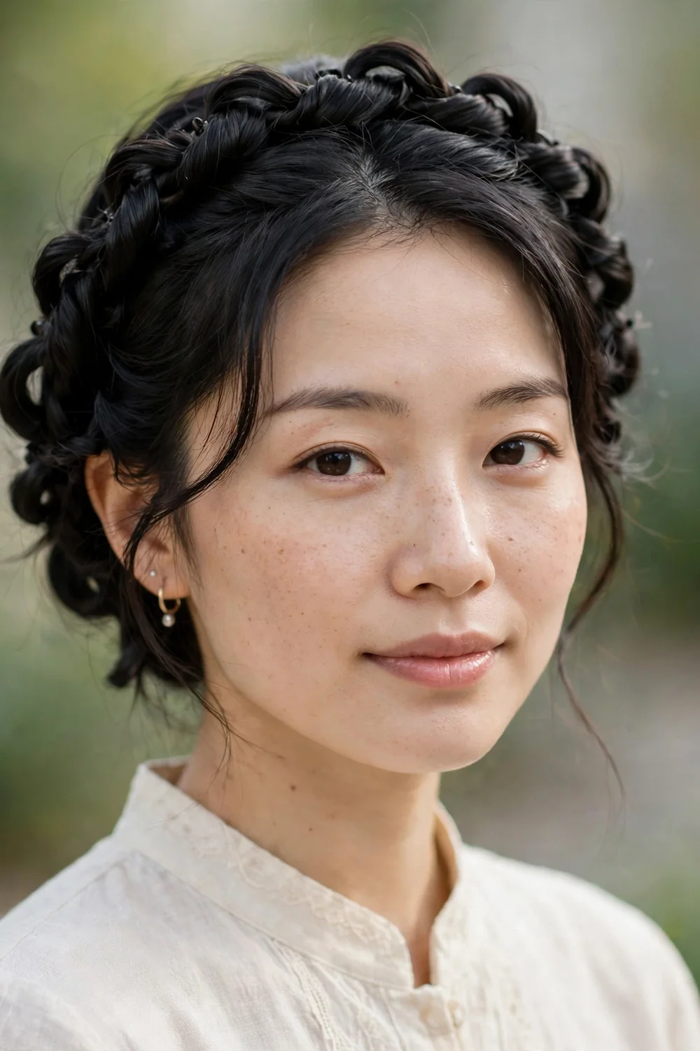 Woman with short hair wearing a twisted crown updo with sections twisted and pinned in a ring around the head