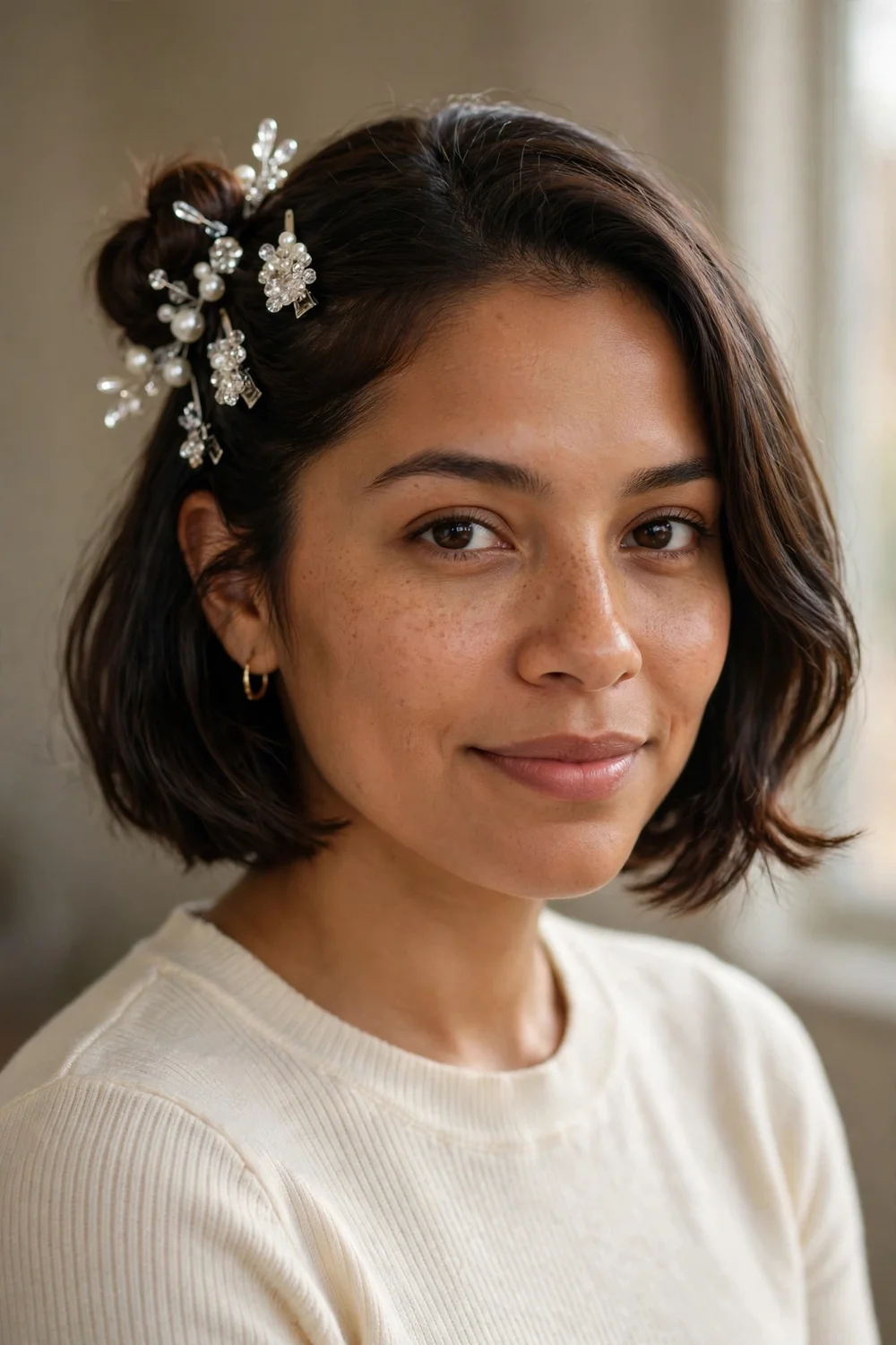 Woman with short hair styled in a neat updo of small twists pinned in a pattern at the back of the head