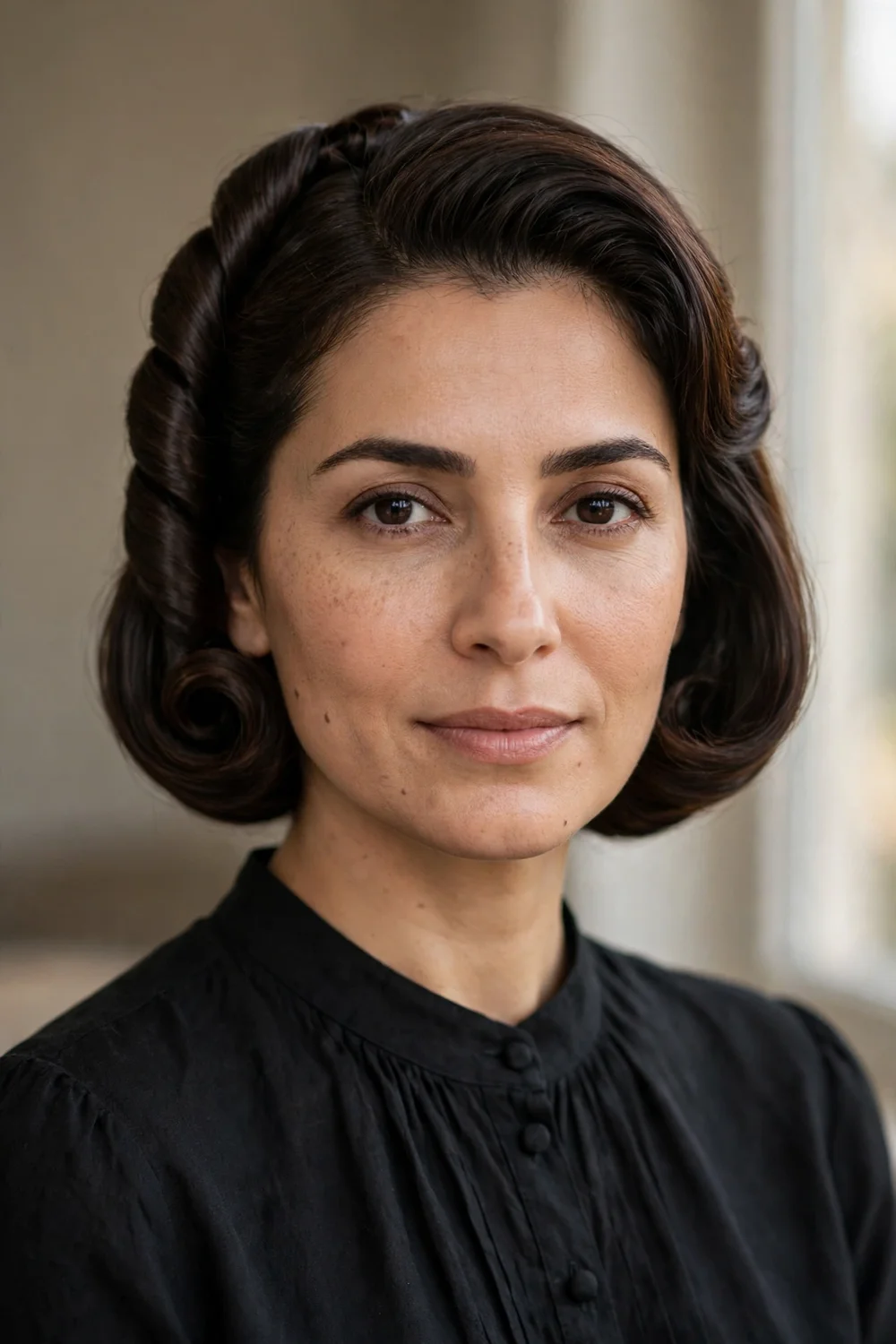Woman with short hair styled in a polished vertical twisted French roll at the back of the head