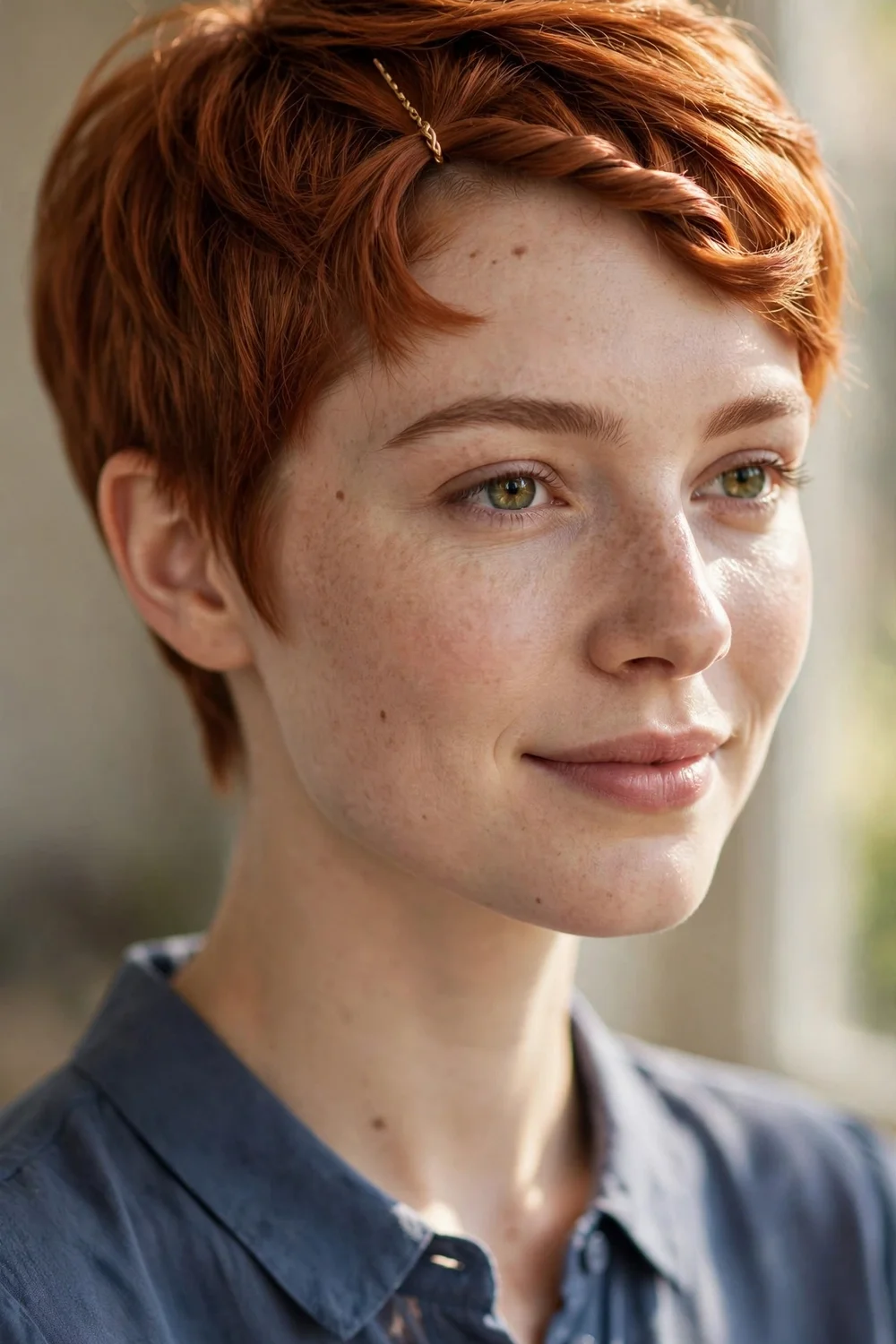 Woman with a pixie cut wearing a twisted fringe section pinned flat above the temple for an evening look