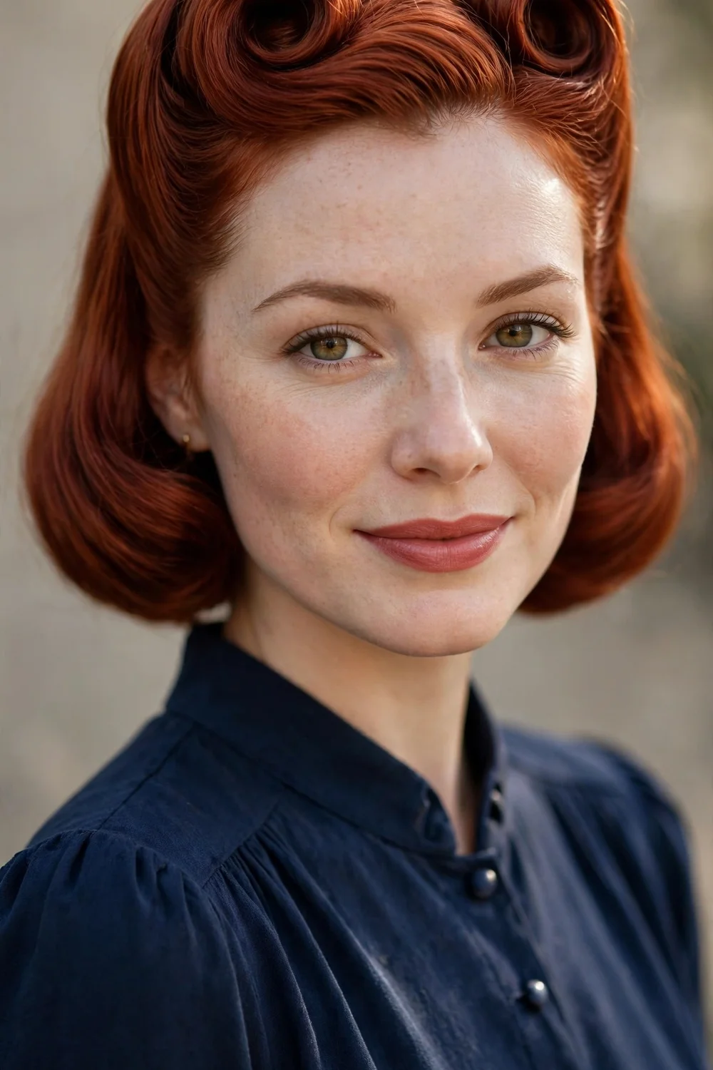 Woman with short hair styled in two vintage victory rolls above the forehead with the back pinned smooth