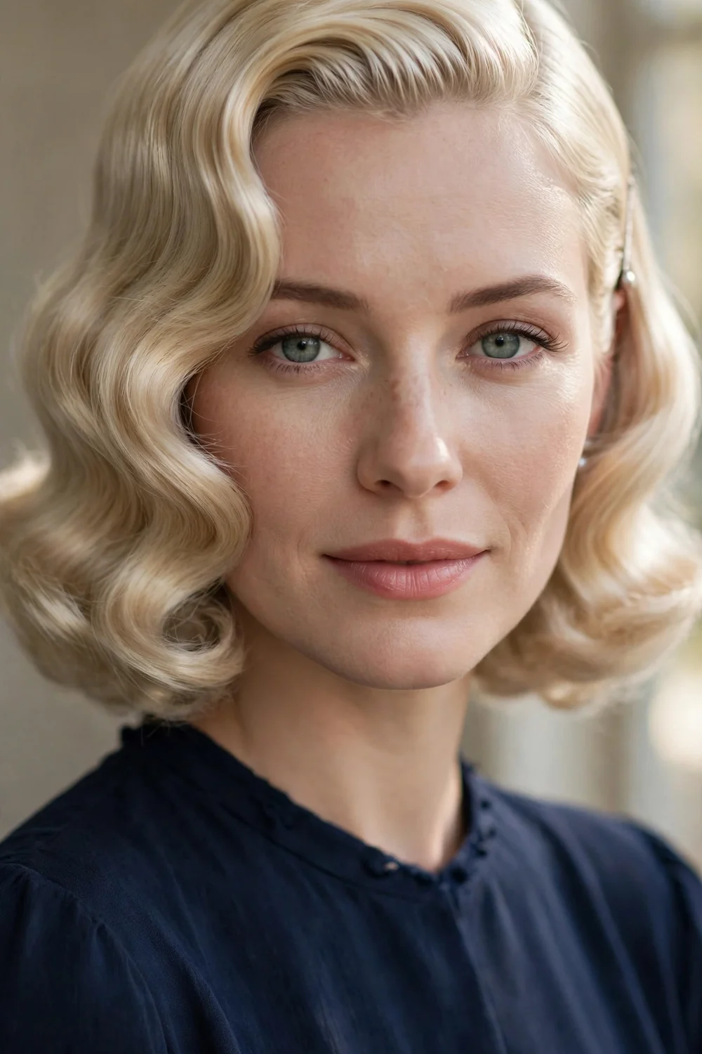Woman with a deep side part wearing smooth vintage Hollywood S-curve waves on chin-length hair