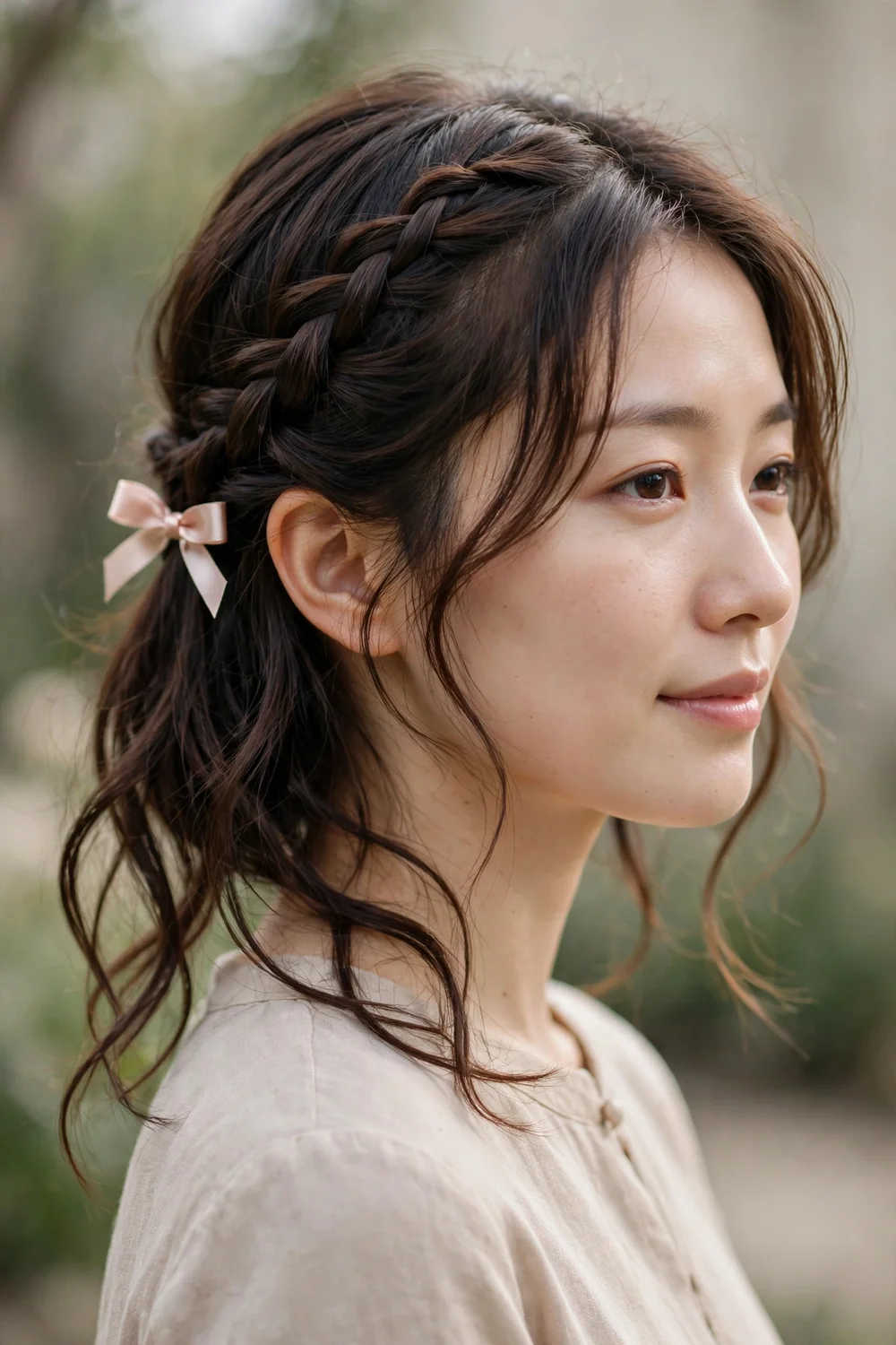 Woman with short hair wearing a waterfall braid across the back tied off with a small satin bow behind one ear