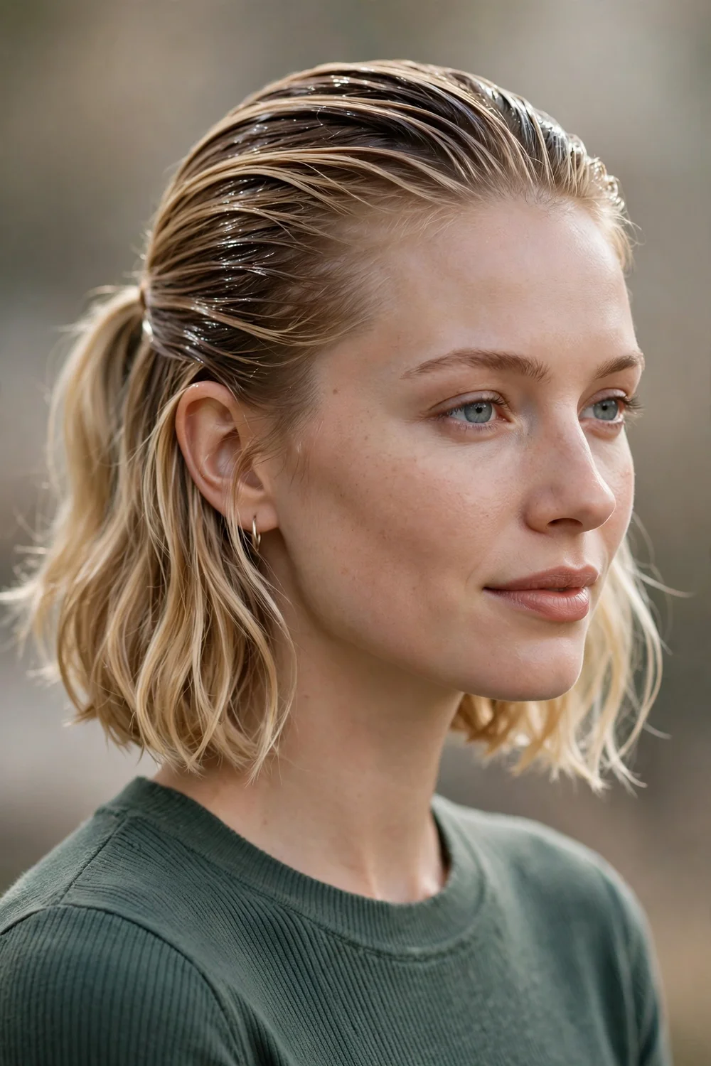 Woman with a short bob wearing a glossy wet-look half ponytail with sleek gelled top and loose bottom half