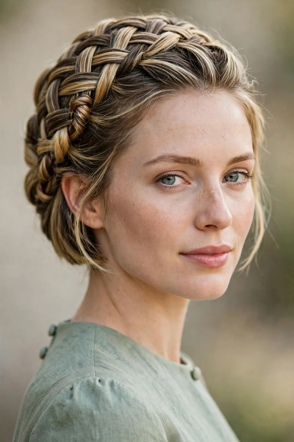 Woman with short hair styled in an intricate woven basket-weave updo across the back of the head