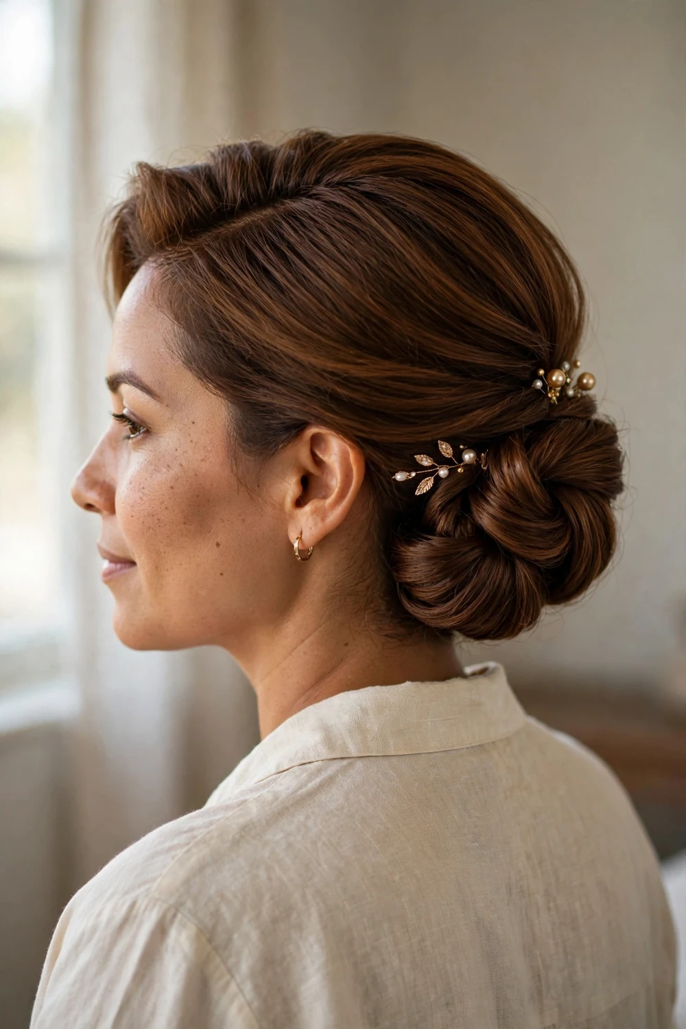 Faux chignon at the nape with pearl pins on a chin length chestnut bob
