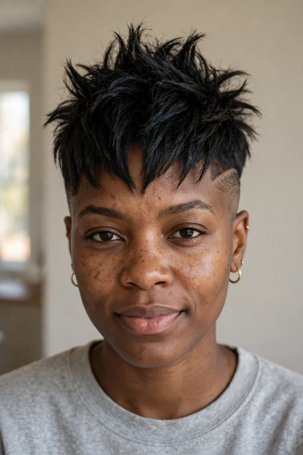 Faux-hawk choppy pixie with longest choppiest strip in the center and faded sides
