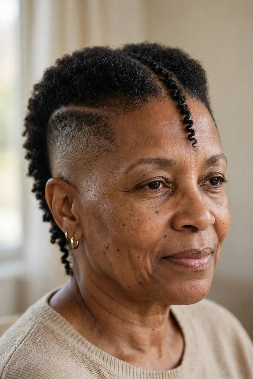 Older Black woman with a faux-hawk of coily hair and faded sides