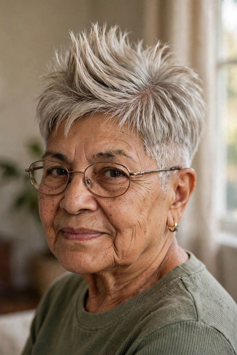 Faux hawk pixie on a woman over 60 wearing glasses