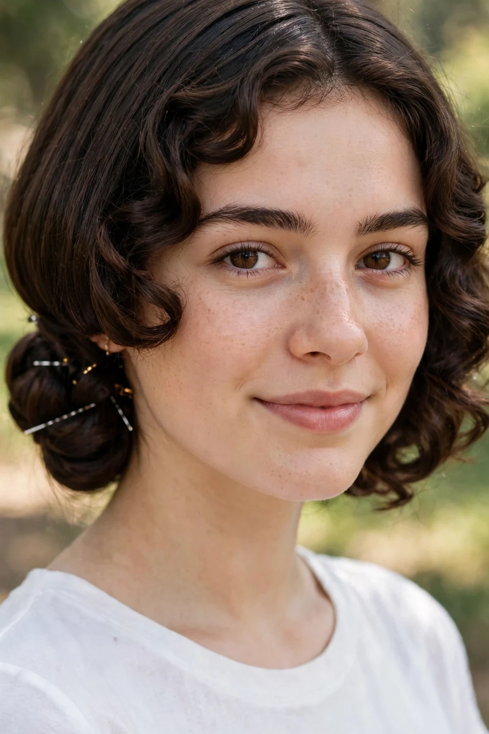 Woman with a faux micro bob hairstyle created with pinned up longer hair