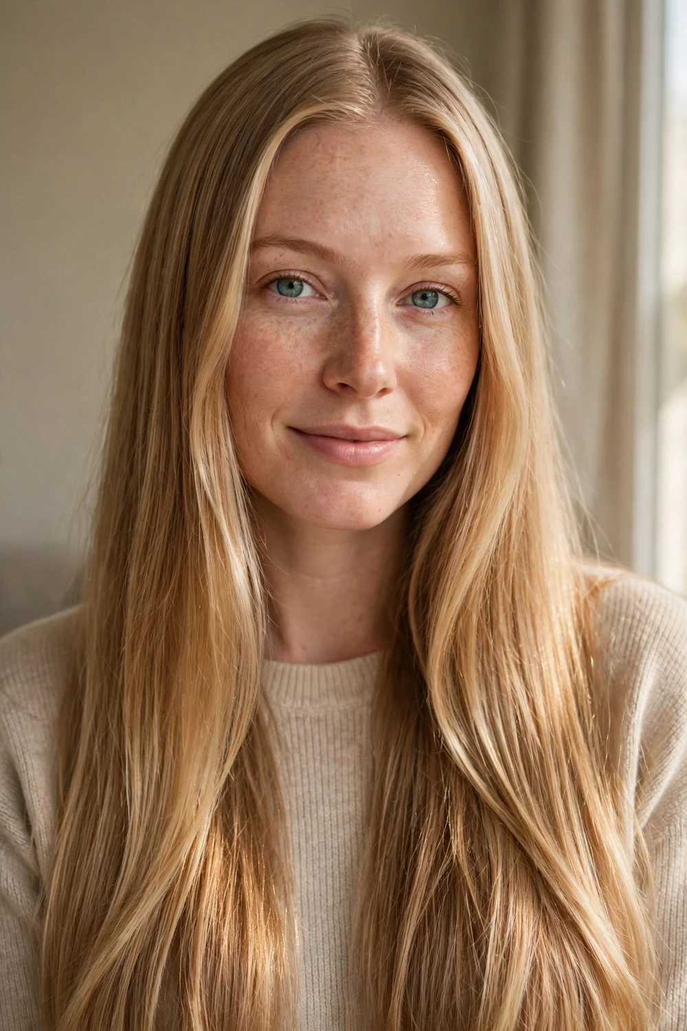 Bright fawn blonde long straight hair with warm golden tones