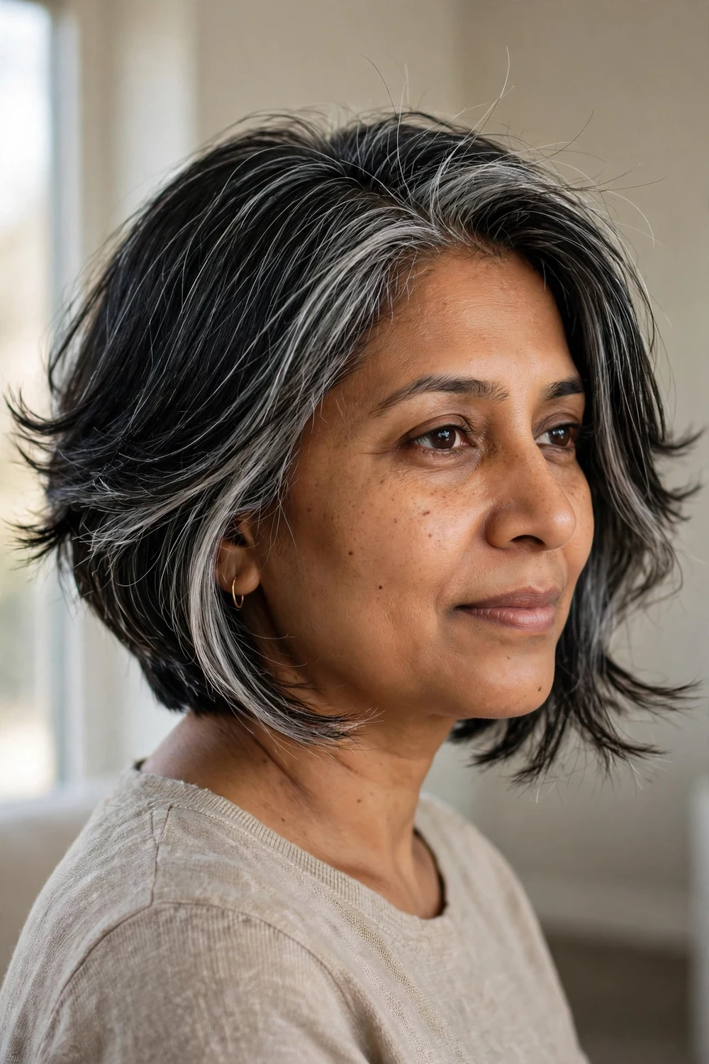 Feathered angled bob on a woman with a round face, black hair with silver streaks and flicked-out ends