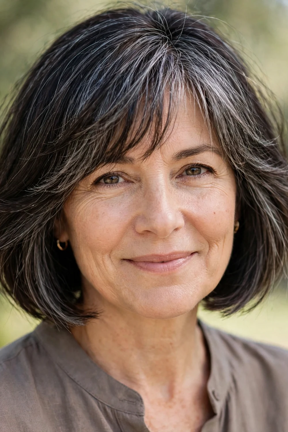 Woman with an Italian bob haircut with soft feathered bangs