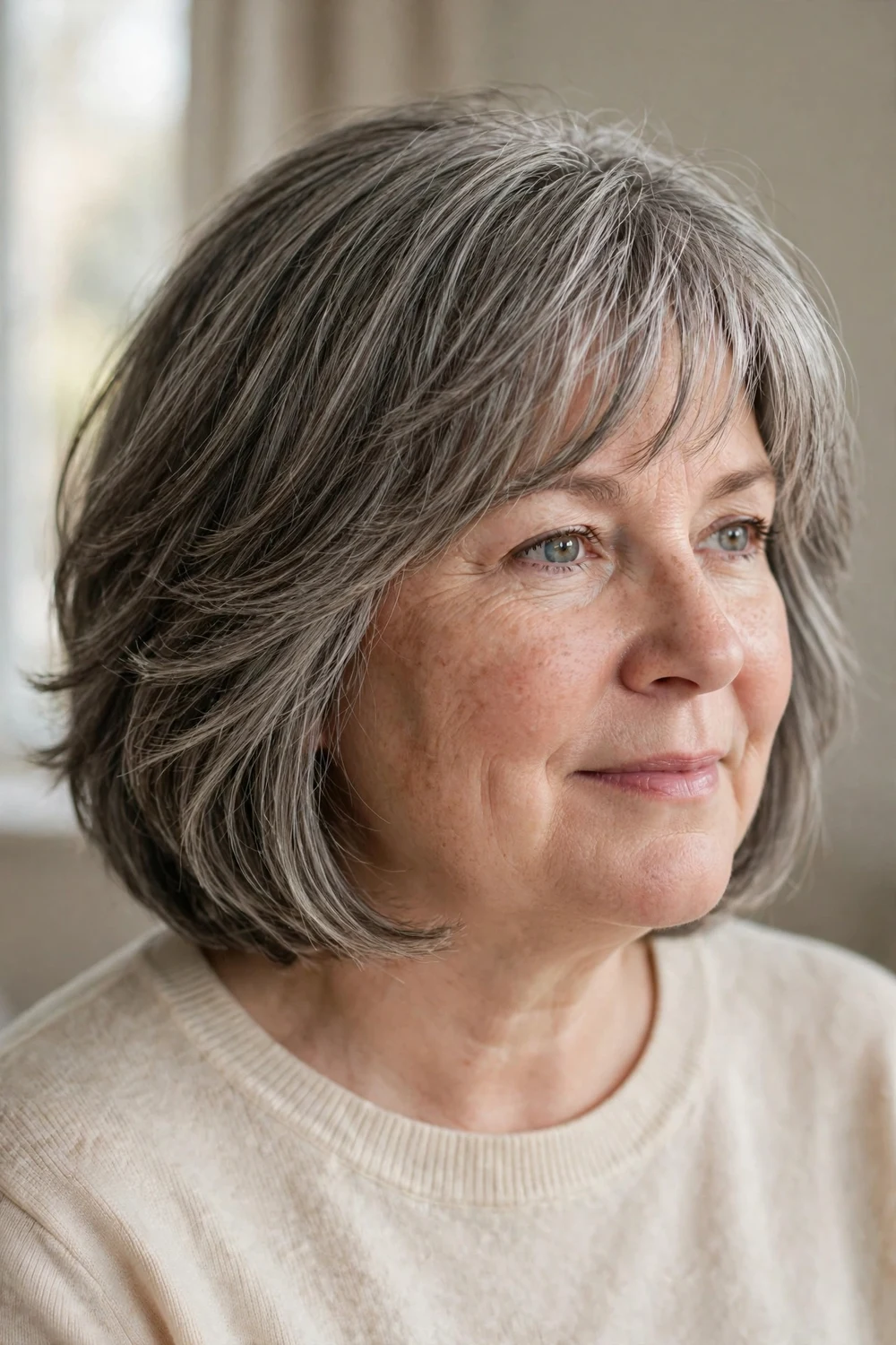 Woman with round face wearing a gray-blended layered bob with feathered bangs