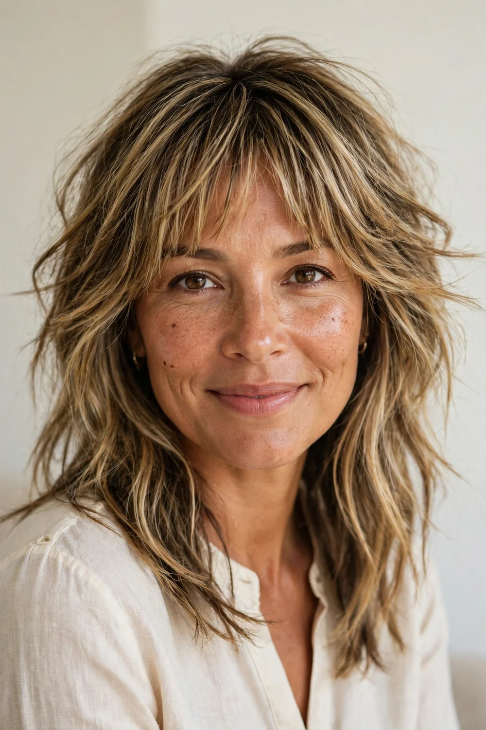 Woman with feathered bangs with uneven textured edges
