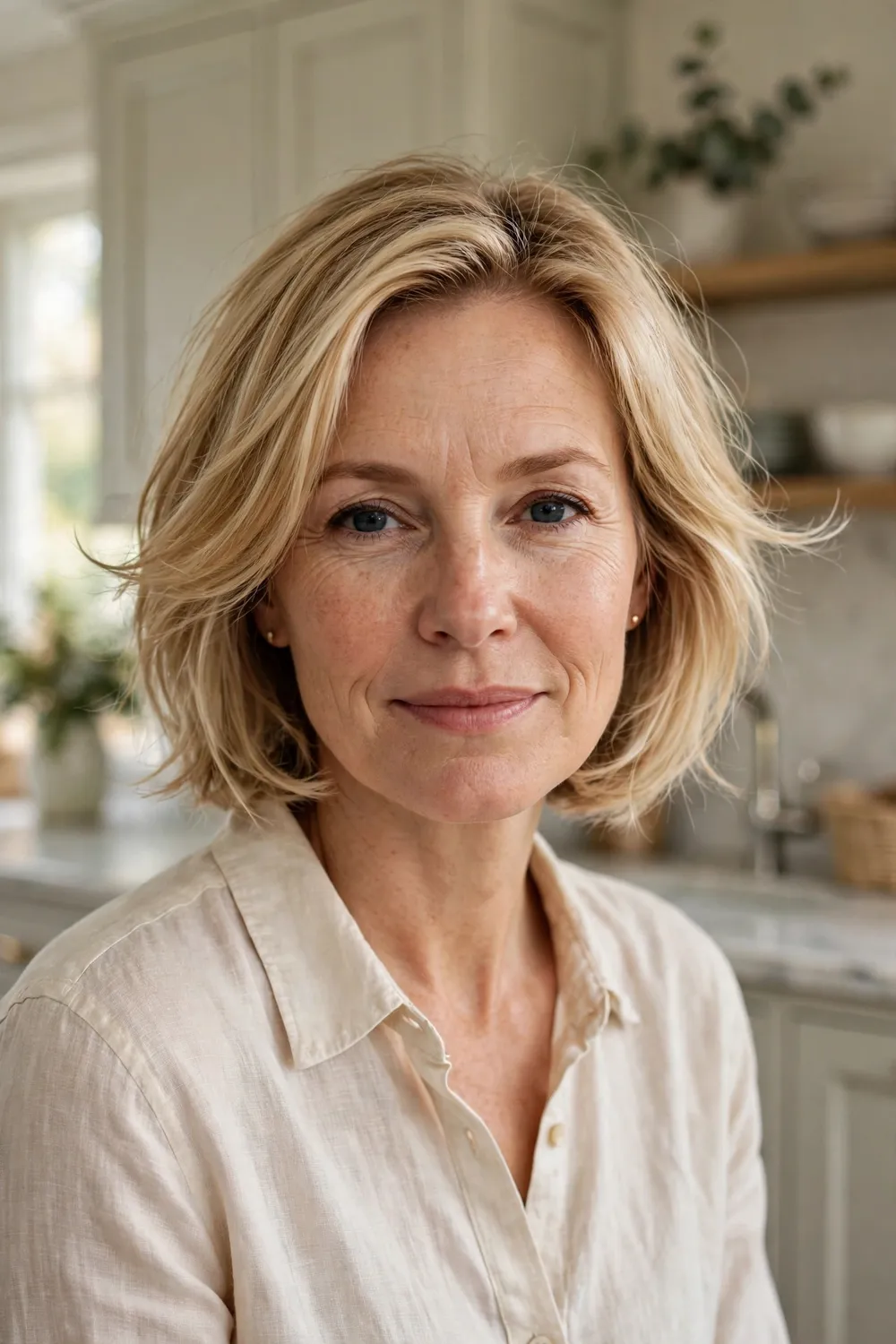 Woman with an oval face wearing a feathered bob with light layers