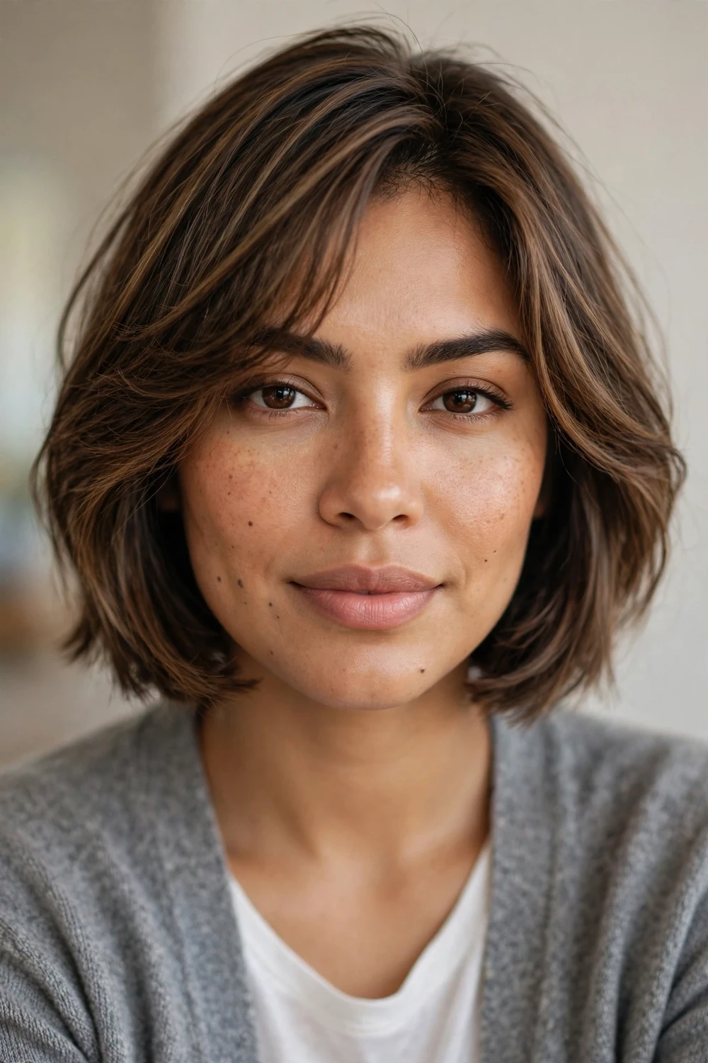 Feathered choppy bob with side-swept fringe