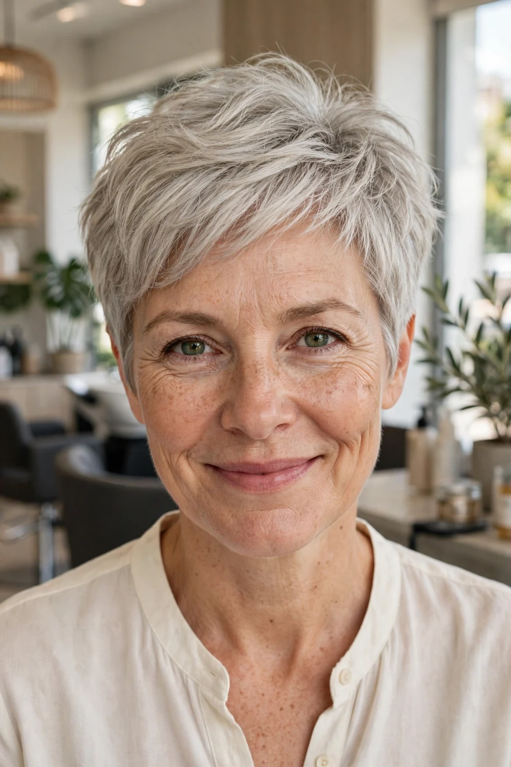 Woman over 50 with silver-blonde feathered choppy pixie and soft crown volume