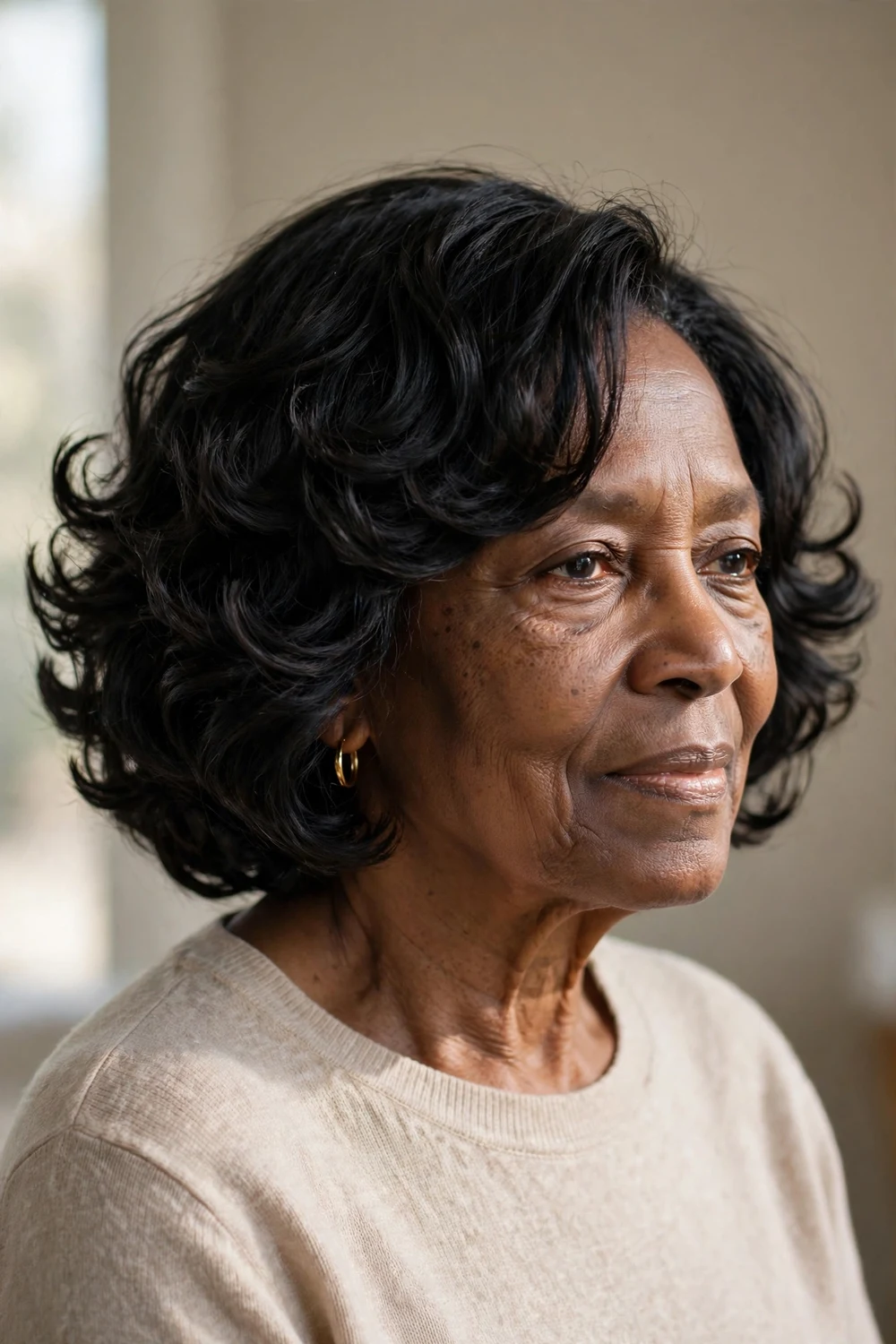 Woman over 60 with a feathered curly bob