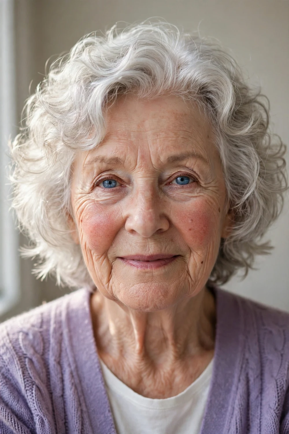 Feathered curly bob with soft feathery ends on woman over 60